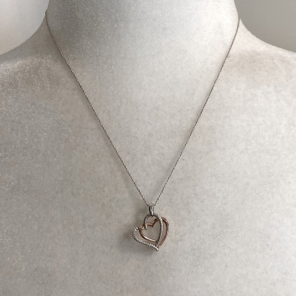 Diamond Heart Accent Sterling Silver Pendant Rose Gold Necklace Love Anniversary - Picture 5 of 16